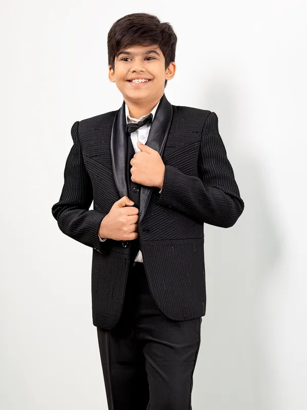 Black check one button boys coat suit