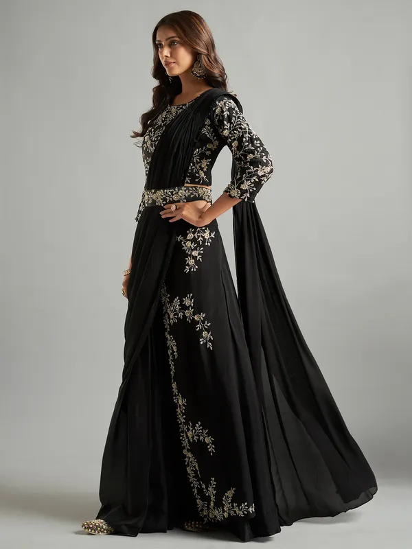 Black chiffon pre-drape saree