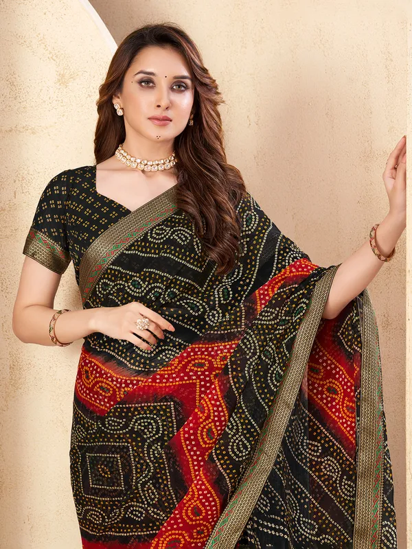 Black chiffon printed saree for festival