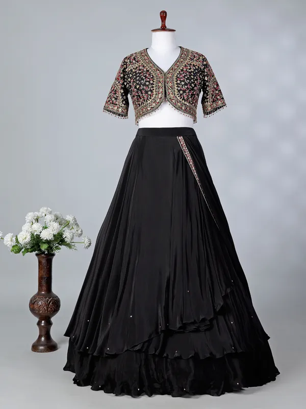 Black chiffon silk designer lehenga choli with dupatta