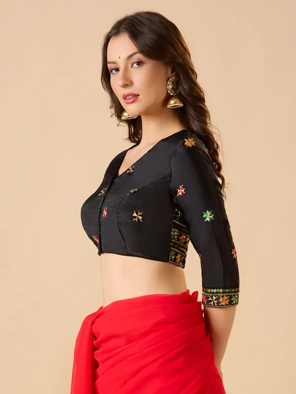 Black chinon ready made blouse with embroidery and V neck