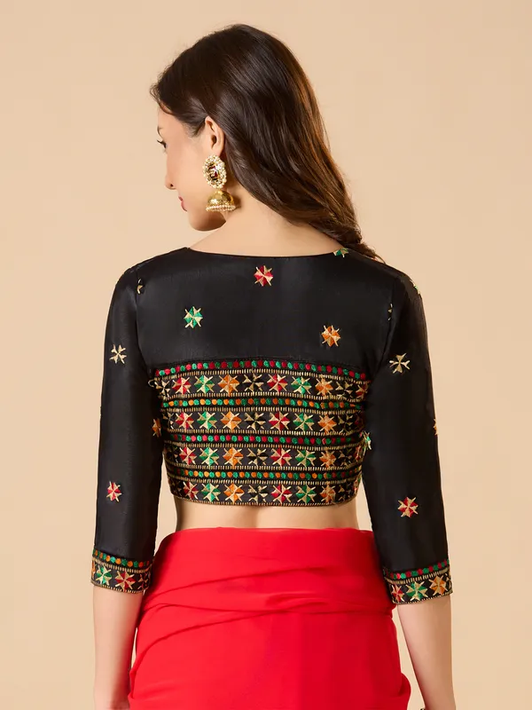 Black chinon ready made blouse with embroidery and V neck