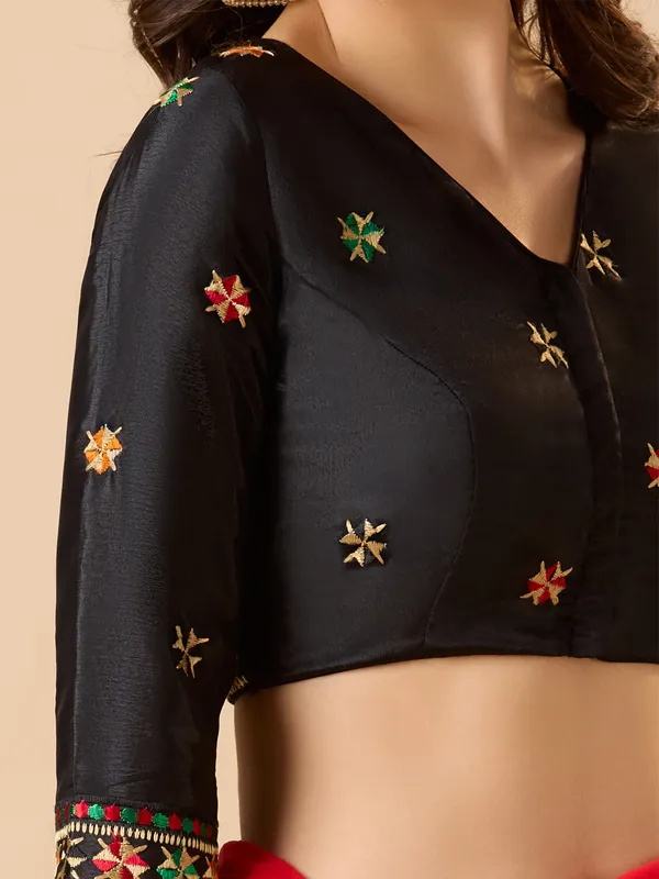 Black chinon ready made blouse with embroidery and V neck