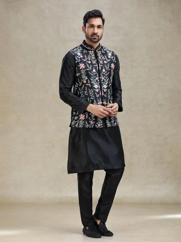 Black classy silk crafted waistcoat set for various occasion