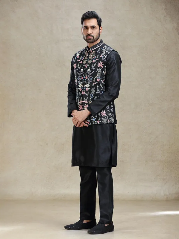 Black classy silk crafted waistcoat set for various occasion