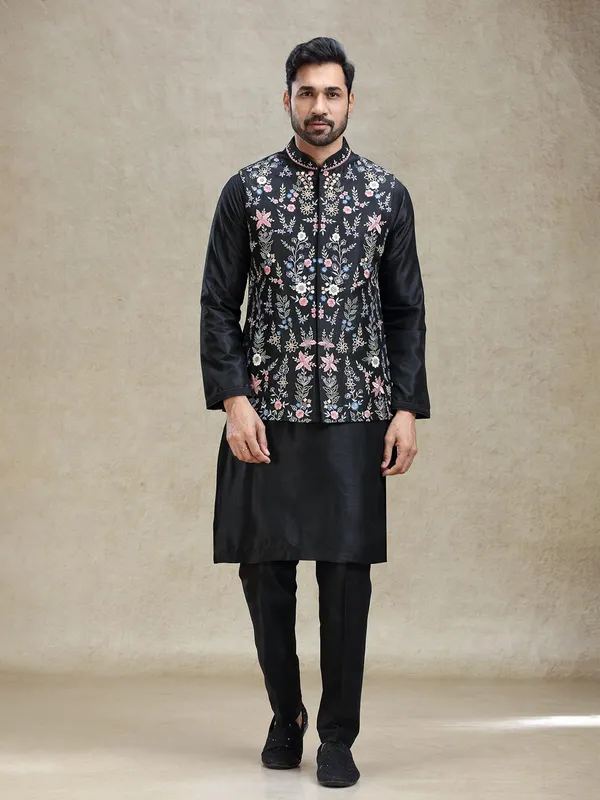 Black classy silk crafted waistcoat set for various occasion