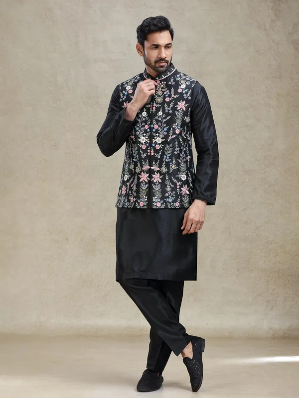 Black classy silk crafted waistcoat set for various occasion