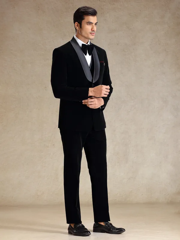 Black cocktail party wear velvet tuxedo suit
