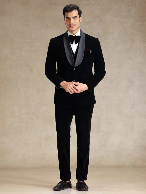 Black cocktail party wear velvet tuxedo suit