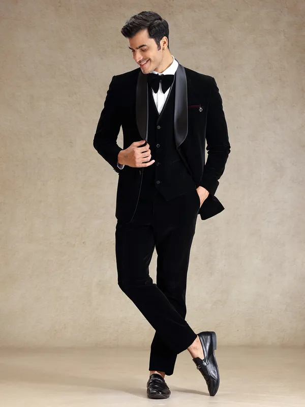 Black cocktail party wear velvet tuxedo suit