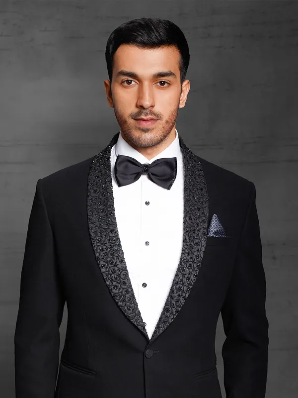 Black colored terry rayon tuxedo style coat suit for men