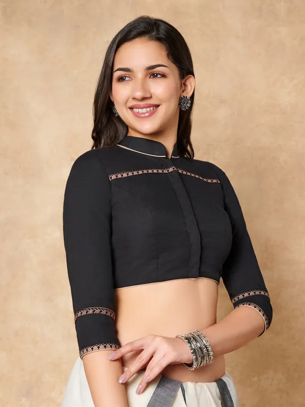 Black cotton collared neck ready made blouse