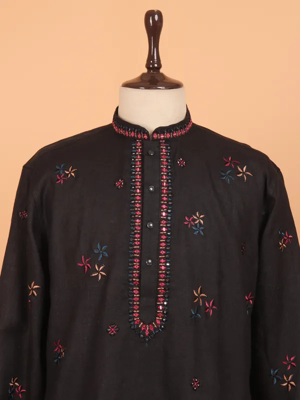 Black cotton festive wear kurta set for men