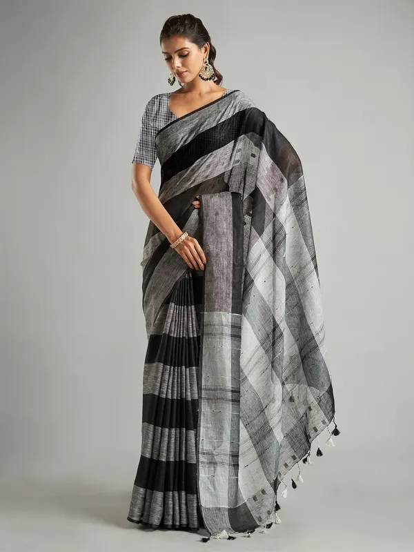 Black cotton linen saree