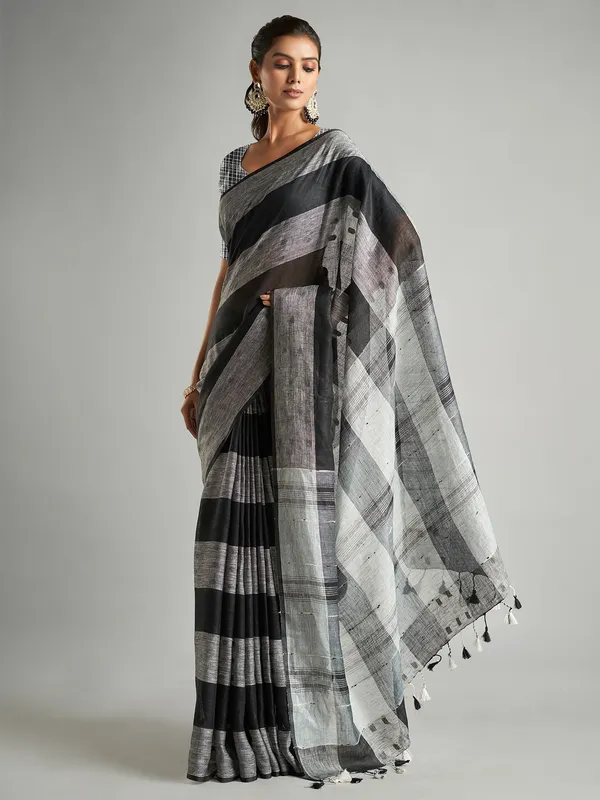 Black cotton linen saree