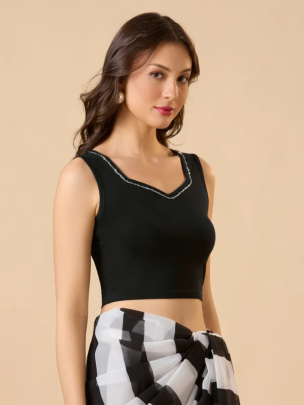 Black cotton lycra ready made blouse with sequins work