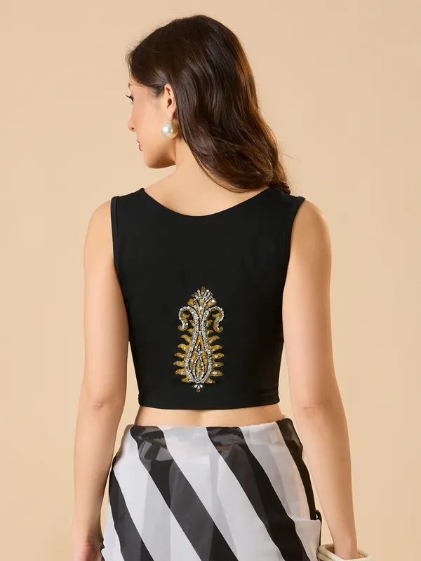 Black cotton lycra ready made blouse with sequins work