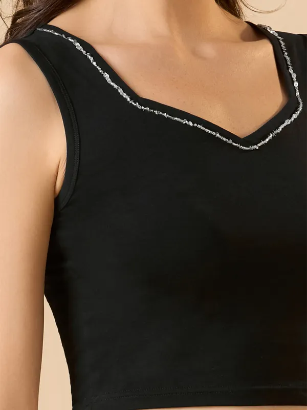 Black cotton lycra ready made blouse with sequins work