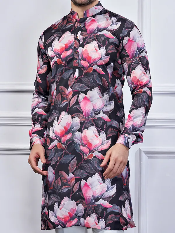 Black cotton printed kurta suit for men