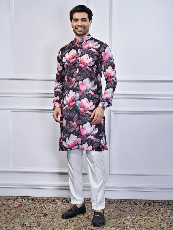 Black cotton printed kurta suit for men
