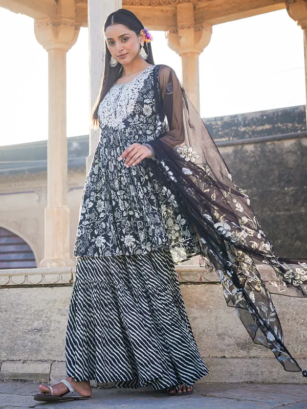 Black cotton printed sharara suit with dupatta