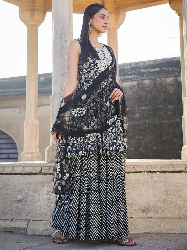 Black cotton printed sharara suit with dupatta