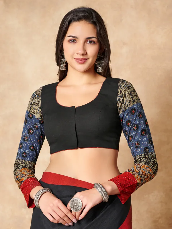 Black cotton ready made blouse with printed sleeves