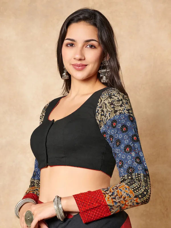 Black cotton ready made blouse with printed sleeves