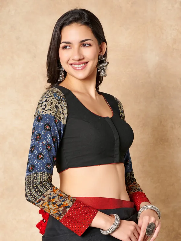 Black cotton ready made blouse with printed sleeves