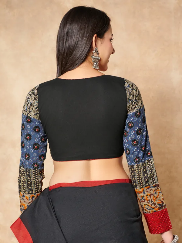 Black cotton ready made blouse with printed sleeves