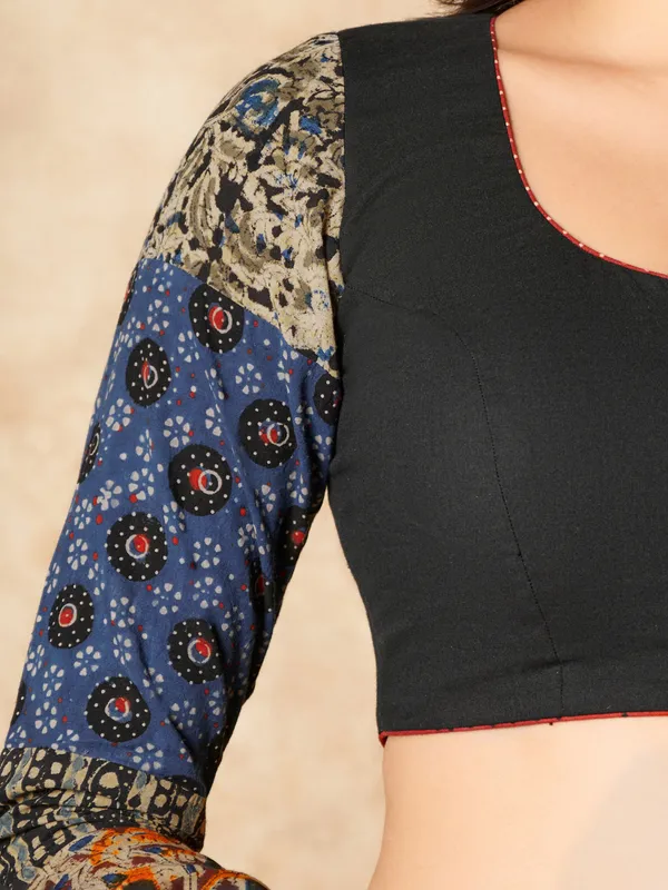 Black cotton ready made blouse with printed sleeves