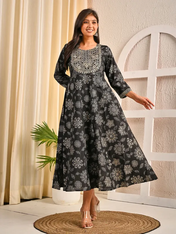 Black cotton silk floral printed embroidered kurti