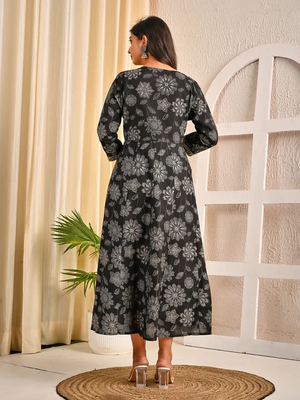 Black cotton silk floral printed embroidered kurti