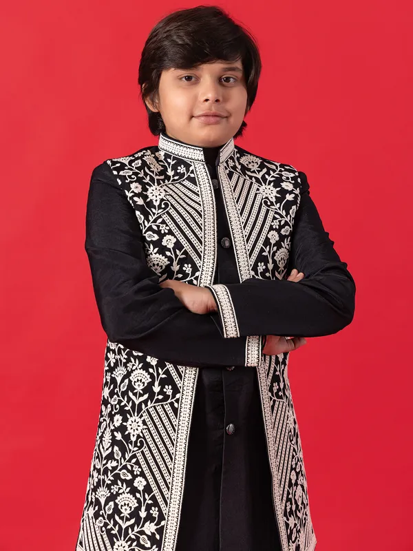 Black cotton silk Indowestern with embroidery work