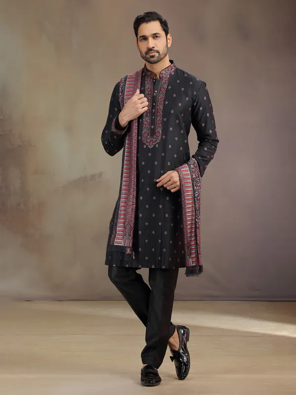 Black cotton silk kurta pajama with thread weving