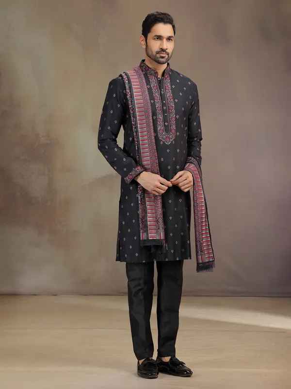Black cotton silk kurta pajama with thread weving