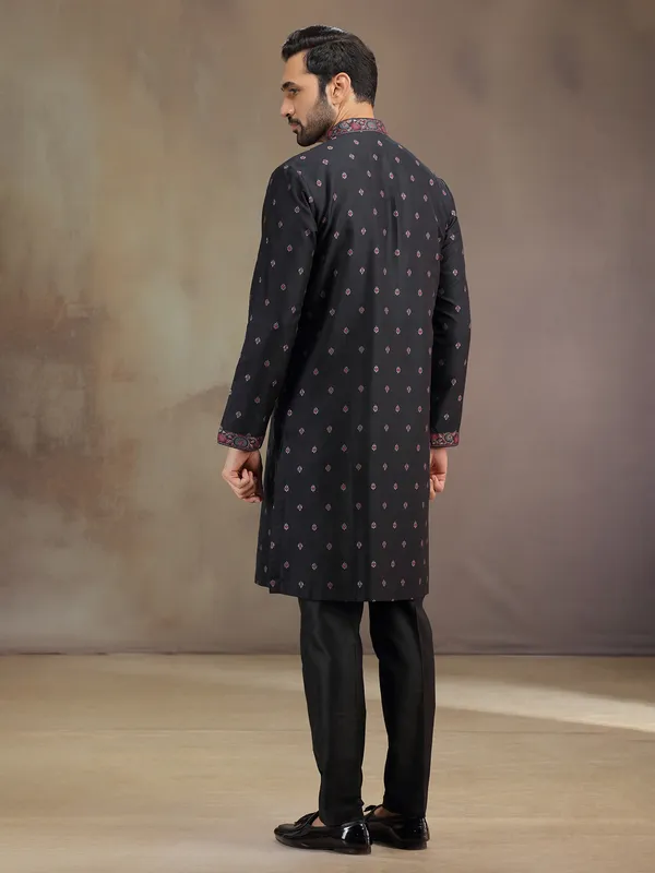 Black cotton silk kurta pajama with thread weving
