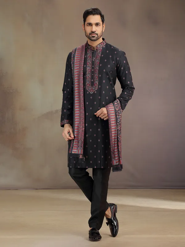Black cotton silk kurta pajama with thread weving
