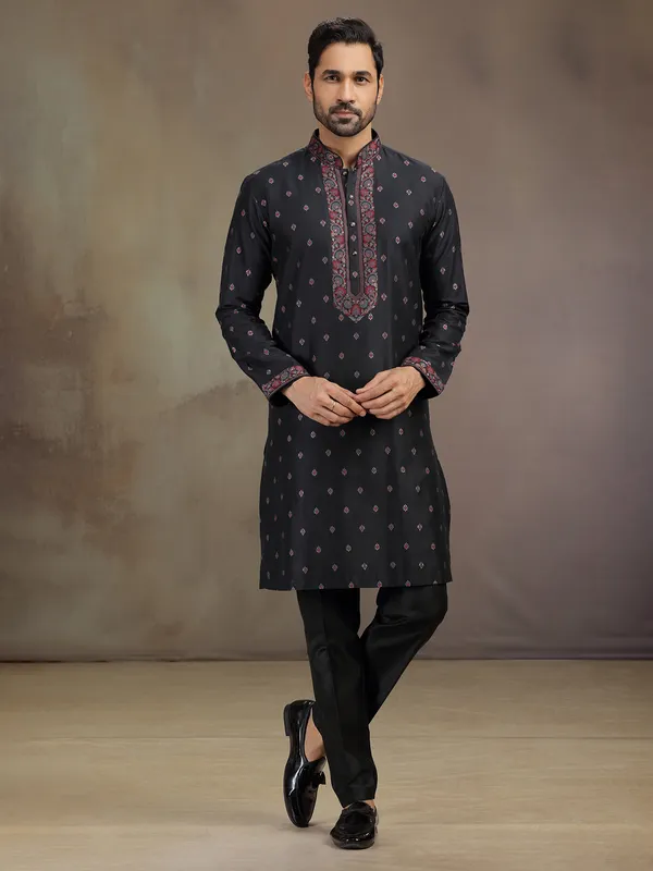 Black cotton silk kurta pajama with thread weving