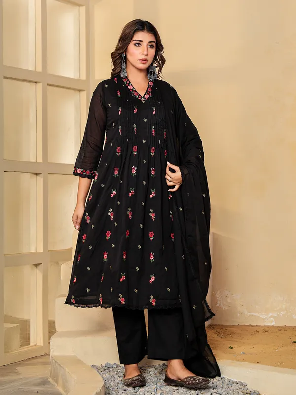 Black cotton silk kurti set with embroidery and sequins