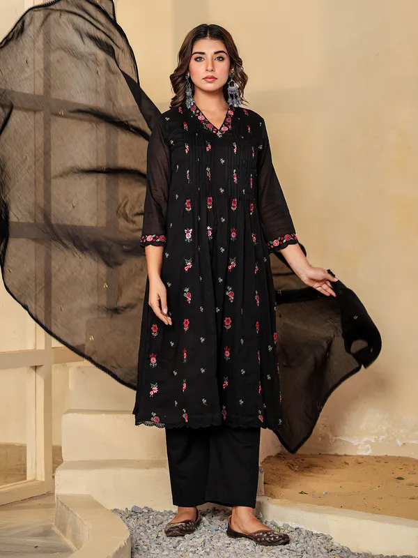 Black cotton silk kurti set with embroidery and sequins