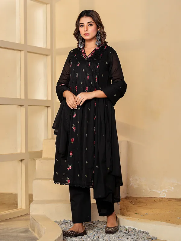 Black cotton silk kurti set with embroidery and sequins