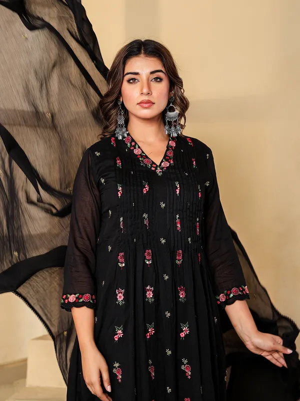 Black cotton silk kurti set with embroidery and sequins
