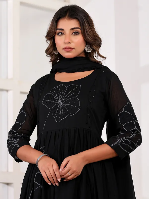 Black cotton silk kurti set with with dupatta for festive