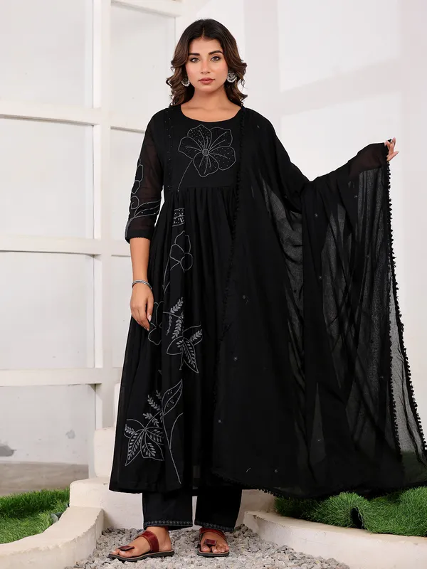 Black cotton silk kurti set with with dupatta for festive