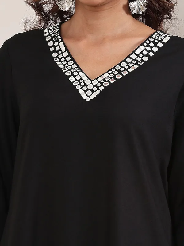 Black cotton silk kurti with aabla work-G3-WKU03316 | United States