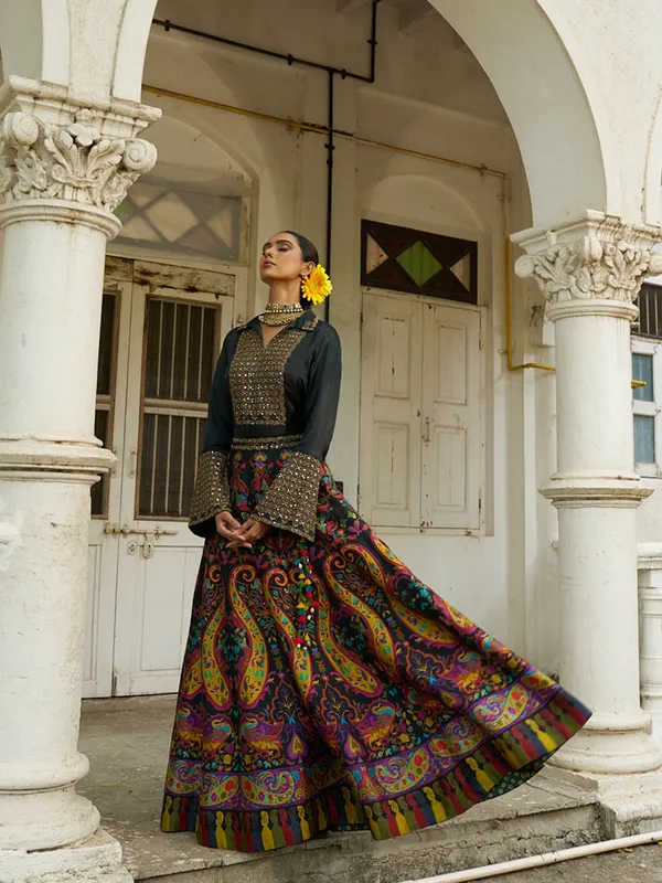 Black cotton silk lehenga with shirt