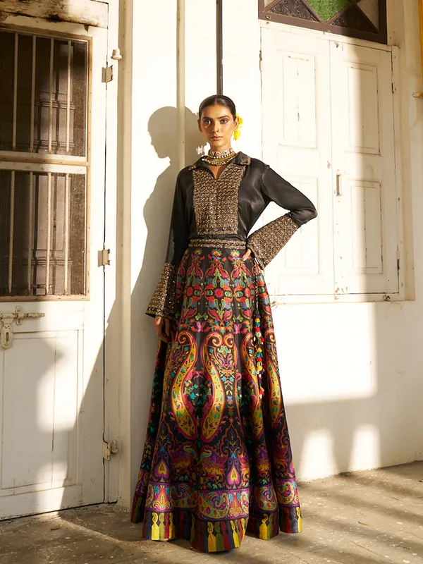 Black cotton silk lehenga with shirt