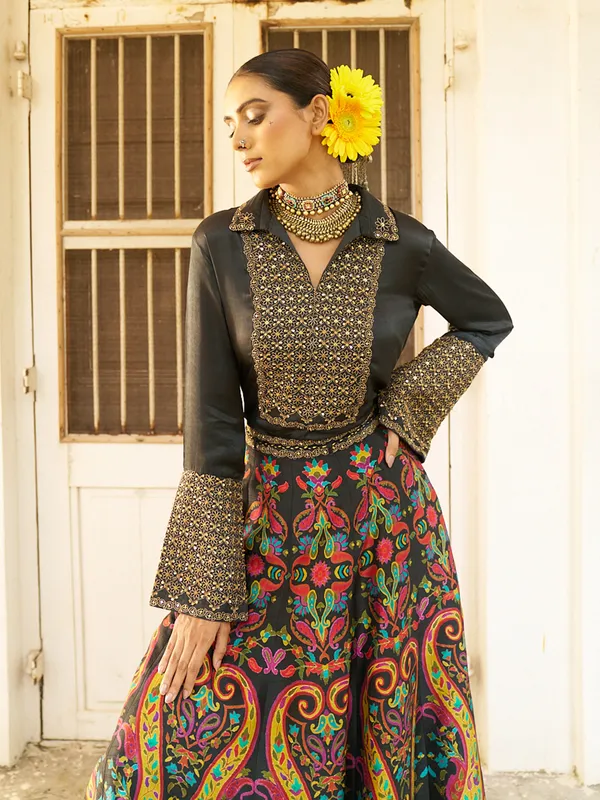 Black cotton silk lehenga with shirt