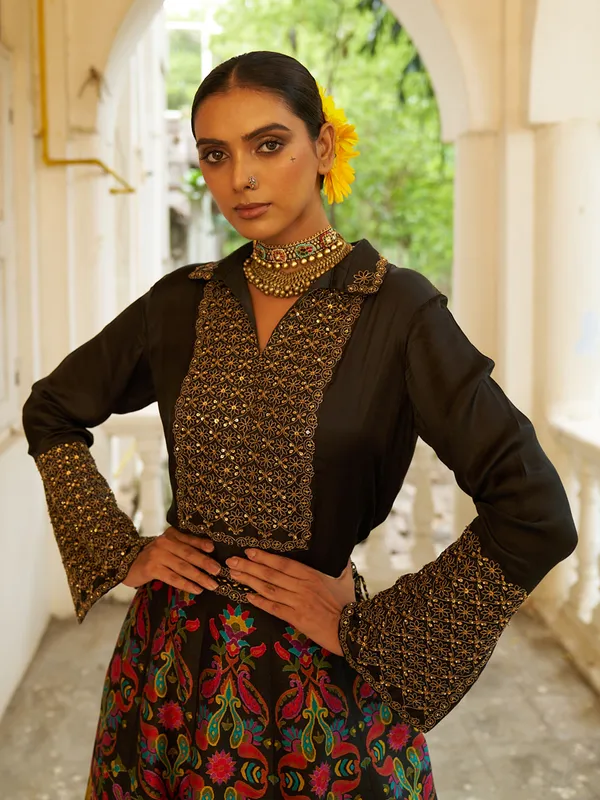 Black cotton silk lehenga with shirt